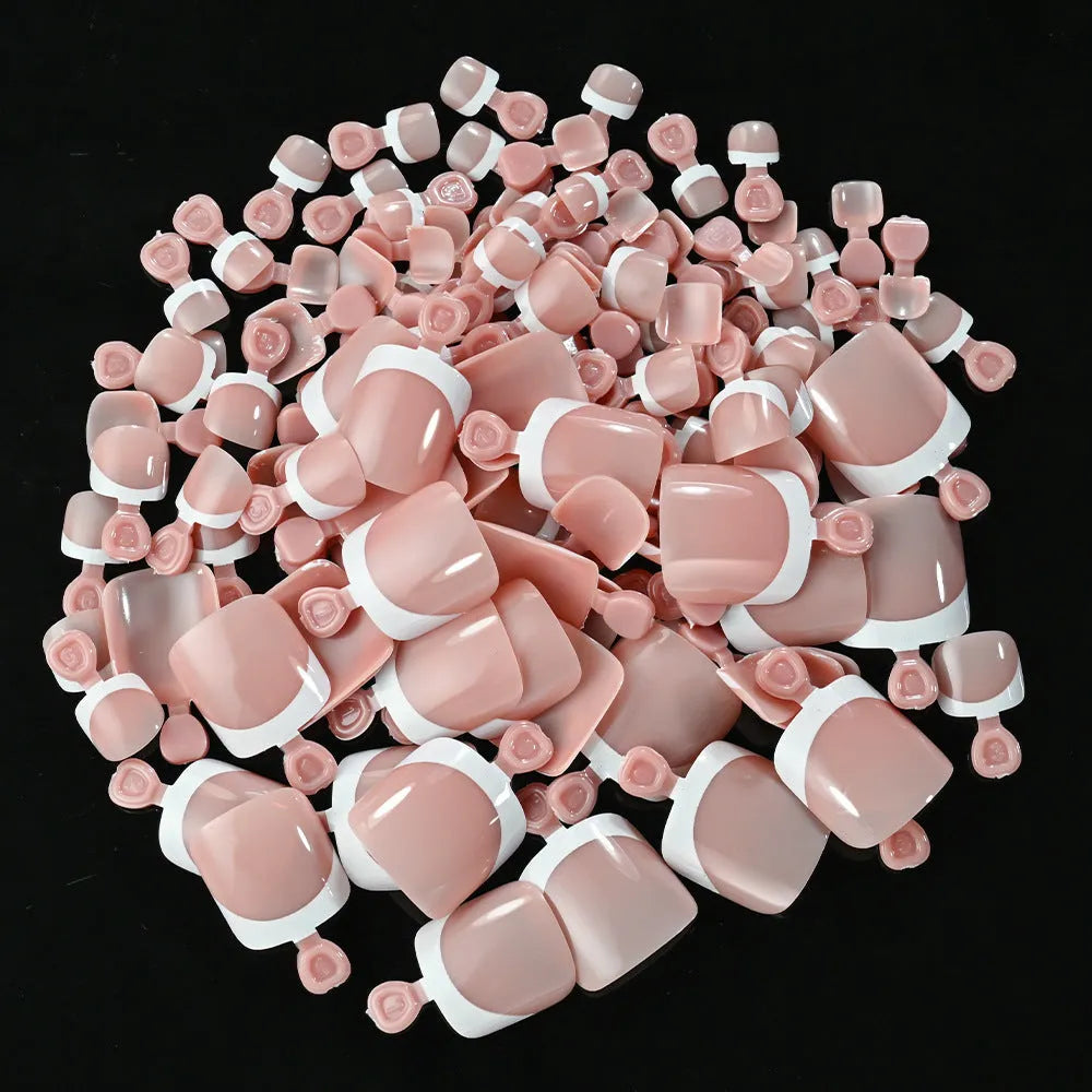 120-piece French white edge toenail pieces in nine natural nude shades, full square short shape for easy application