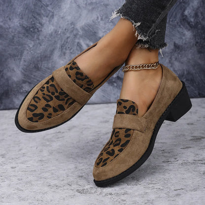 Leopard print slip-on suede pumps with a chunky mid-heel and pointed toe in brown