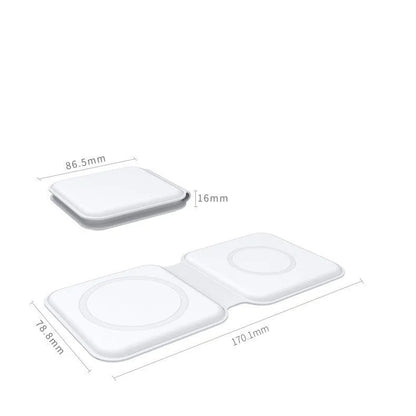 White foldable magnetic wireless charger showing dual charging surfaces and Type-C port