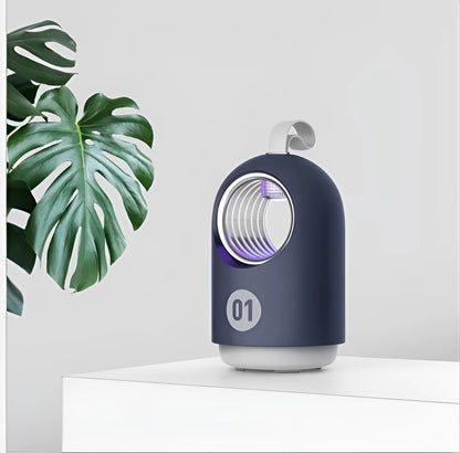 White or blue indoor mosquito killer lamp with UV light, a fan, and a silicone carry handle.
