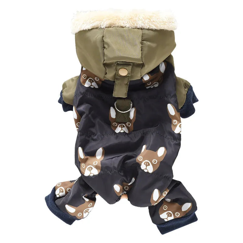 Four-legged dog cotton clothes in black or red, sizes S to XXL, showing back length and bust measurements