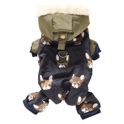 Four-legged dog cotton clothes in black or red, sizes S to XXL, showing back length and bust measurements