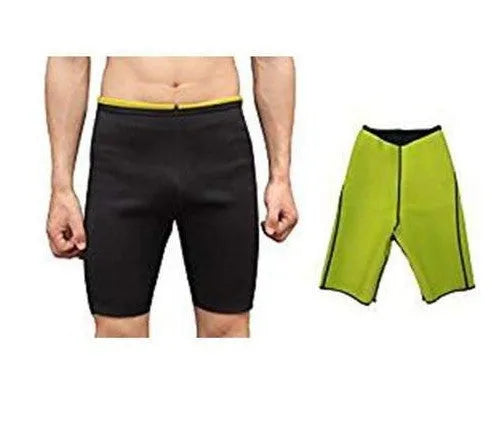 Men's black and yellow SBR sauna shorts with polyester lining, nylon outer and flatlock stitching, sizes S to 4XL.