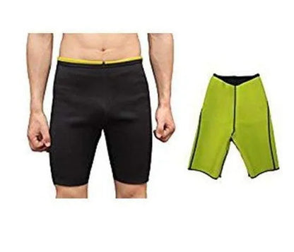 Men's black and yellow SBR sauna shorts with polyester lining, nylon outer and flatlock stitching, sizes S to 4XL.