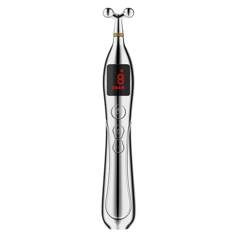 Rechargeable charging acupuncture pen with five massage heads and USB cable on a table.