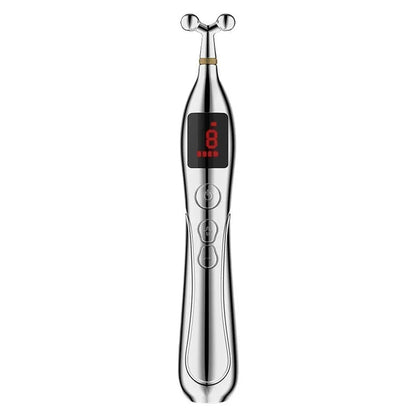 Rechargeable charging acupuncture pen with five massage heads and USB cable on a table.