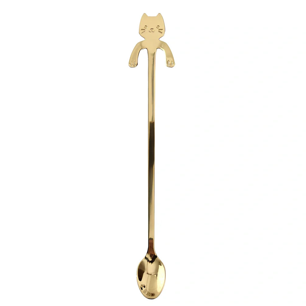 Stainless steel coffee spoon with cartoon cat handle showing hanging hole and smooth edges