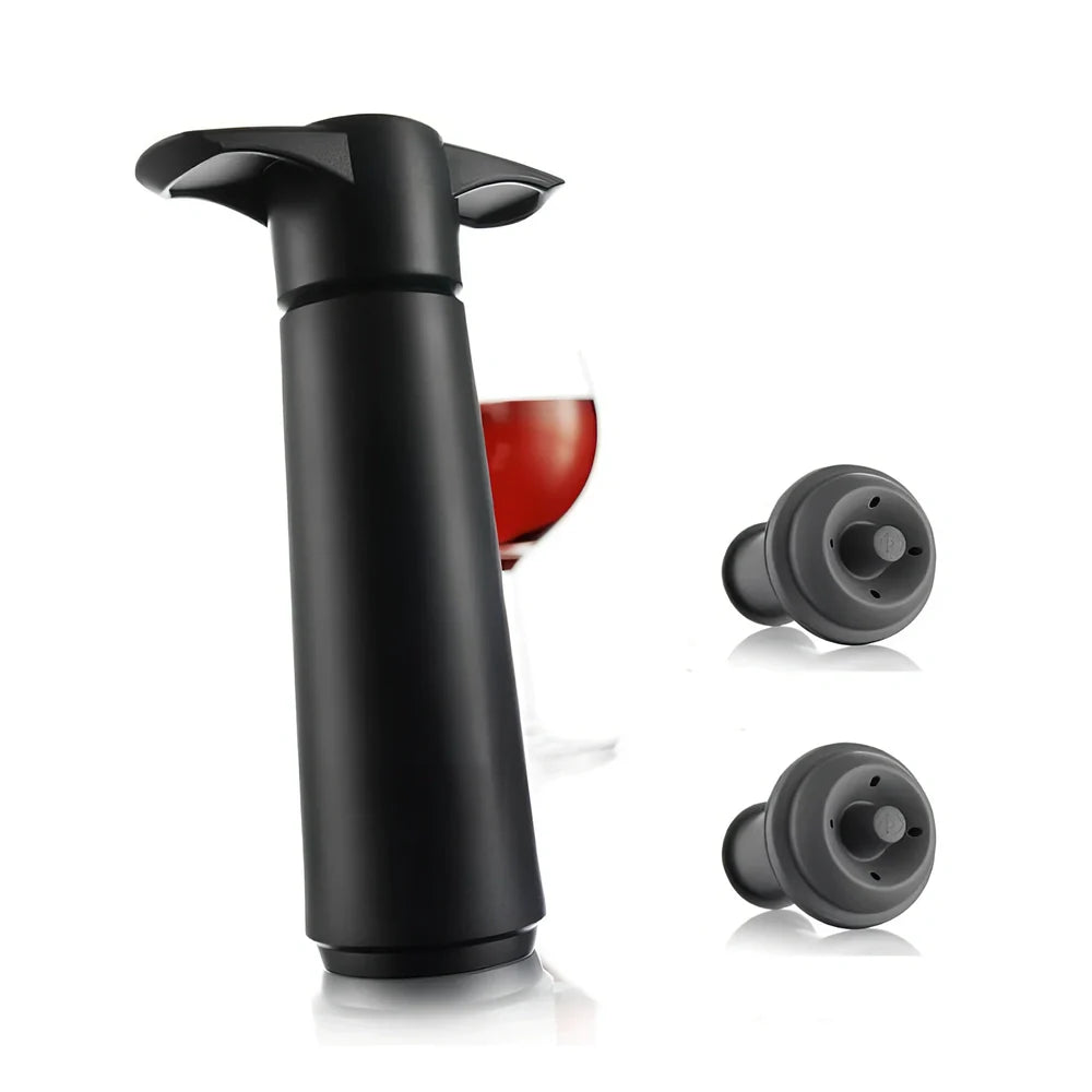 Black plastic vacuum wine stopper with pump and two rubber seals, 14.5cm length for air-tight bottle preservation