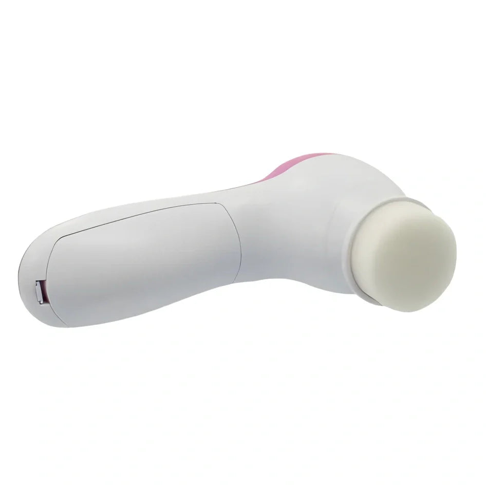 Pink electric facial cleanser device with 5 attachments for pore cleaning and blackhead removal, compact 130x70x48mm size