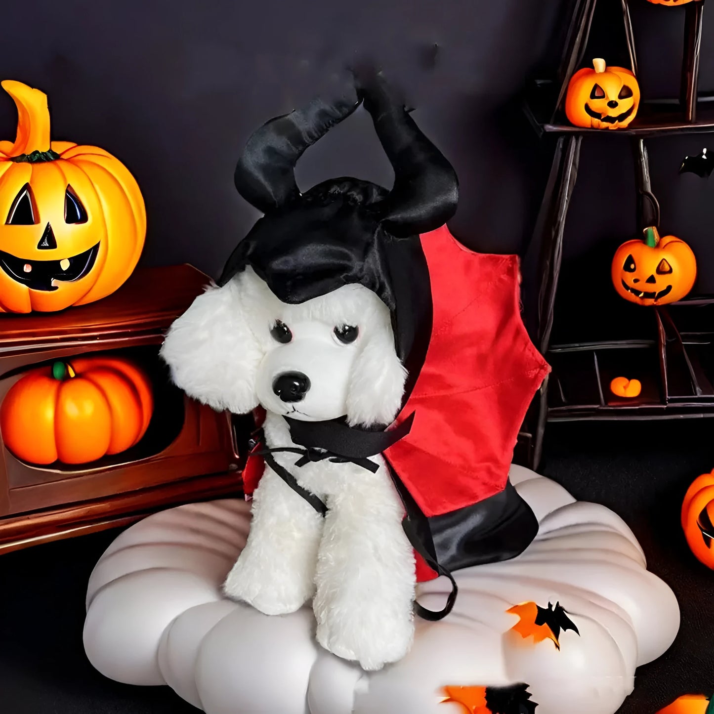 Red Halloween bat costume cloak and pointed hat on a small dog