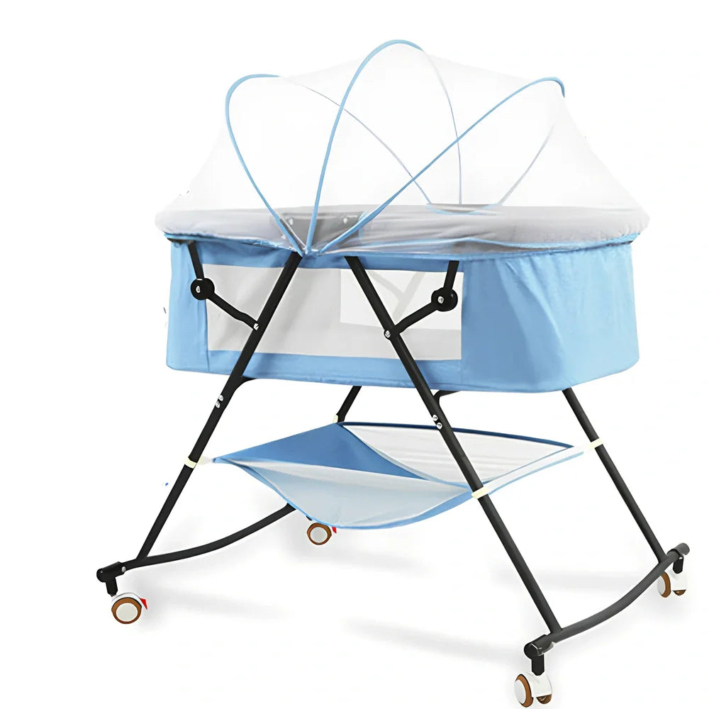 Foldable baby crib with mosquito net and roller wheels in European design