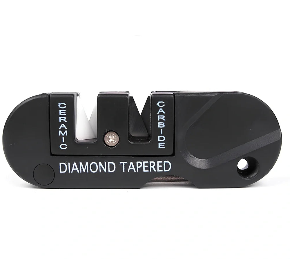 Black Pocket Pal knife sharpener with carbide blades, ceramic slot, and diamond rod, 3-1/2 inches long for hiking use