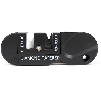 Black Pocket Pal knife sharpener with carbide blades, ceramic slot, and diamond rod, 3-1/2 inches long for hiking use