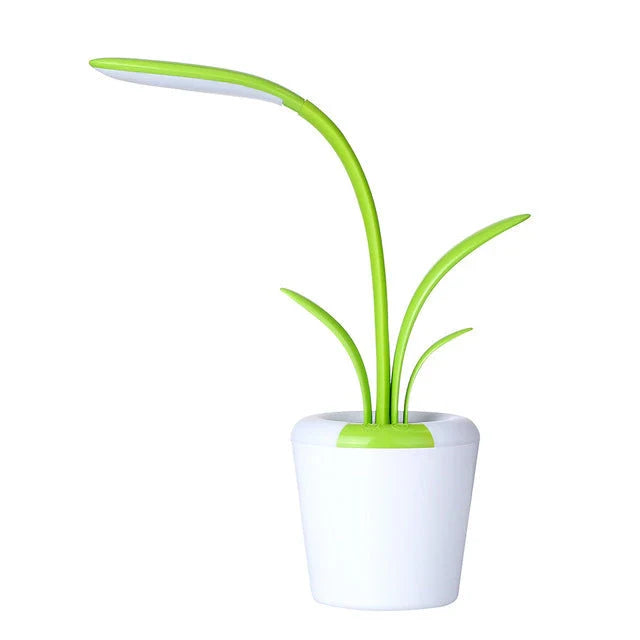A stylish, plant-inspired LED desk lamp with three brightness levels and a rechargeable battery for cordless convenience