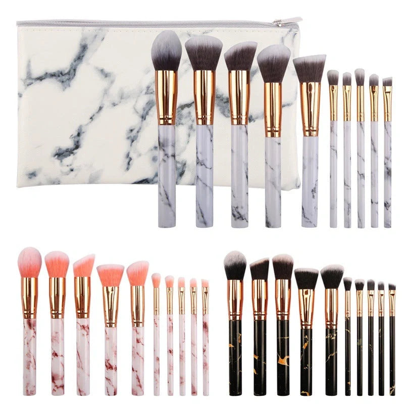 10-piece marble makeup brush set with 5 large and 5 small brushes for versatile beauty application