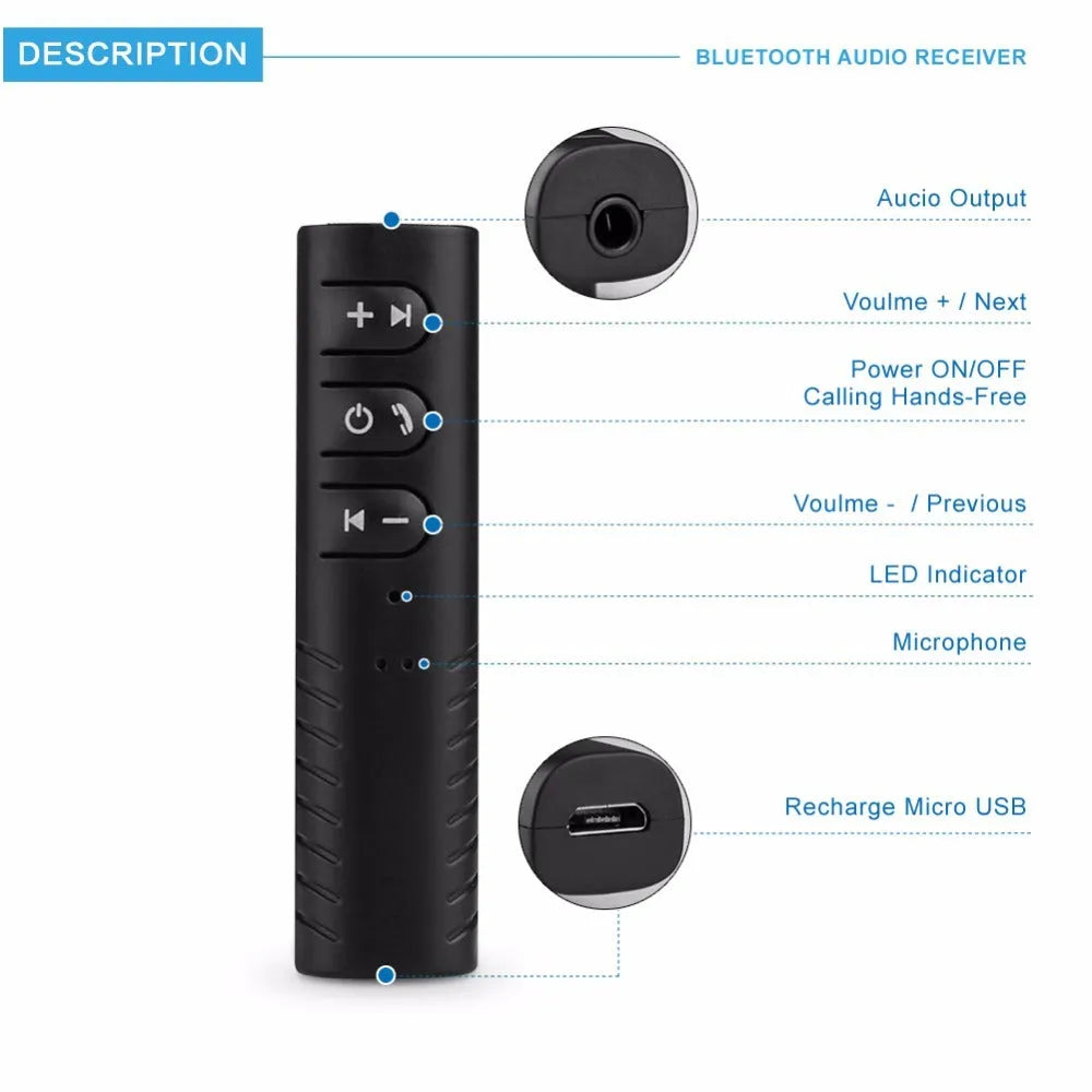 Black Bluetooth audio receiver adapter with 3.5mm AUX jack for car stereo wireless connectivity