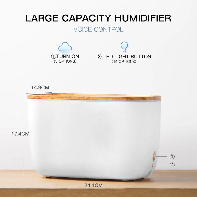 GX-22K white ultrasonic humidifier and aromatherapy diffuser unit with night light on a wooden surface.