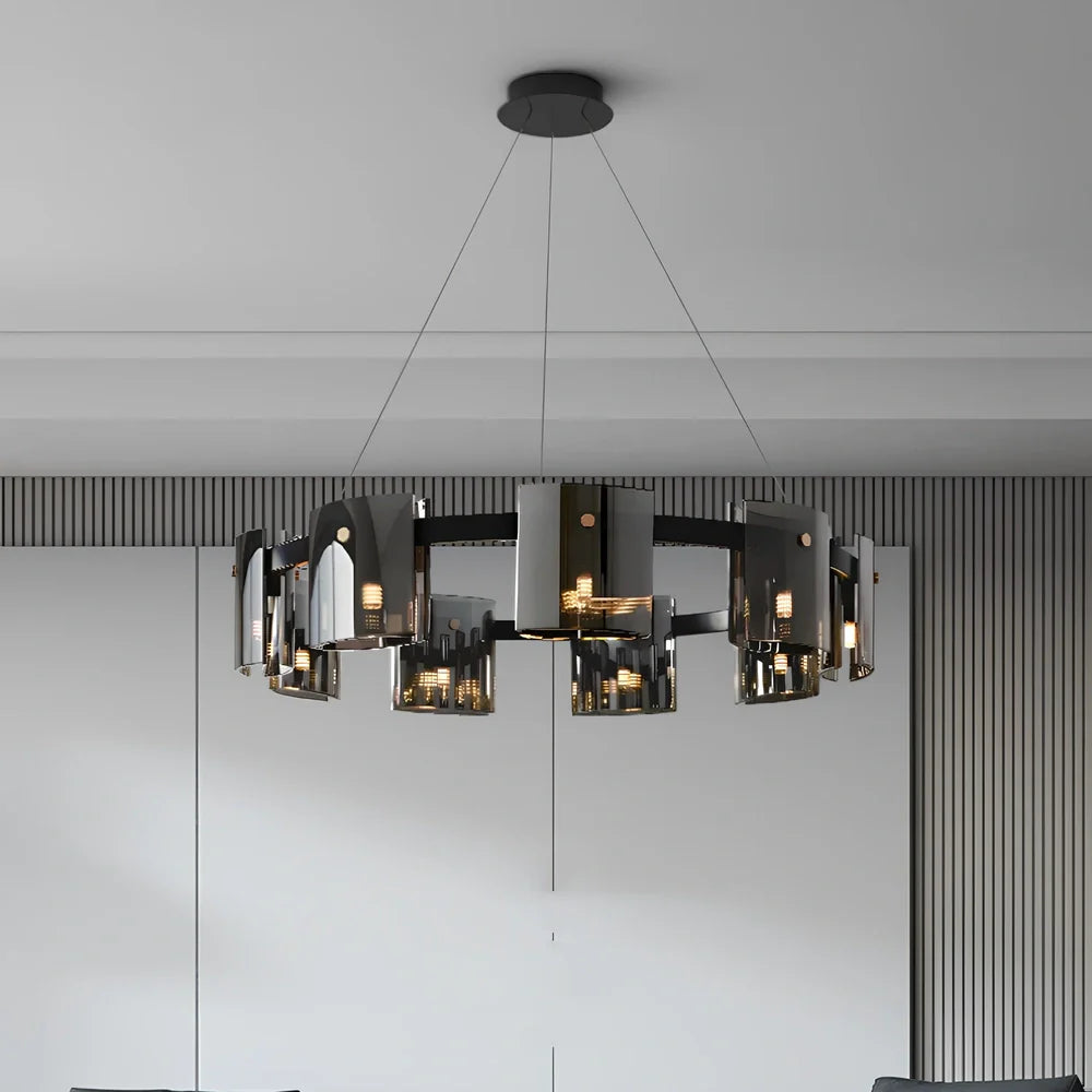 Glass fish-shaped chandelier with 6 LED lights, 600mm diameter, smoke grey finish