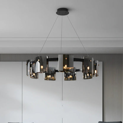 Glass fish-shaped chandelier with 6 LED lights, 600mm diameter, smoke grey finish