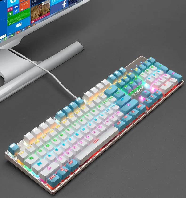 Waterproof mechanical gaming keyboard with 104 keys in black, blue, and pink colour options