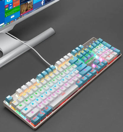 Waterproof mechanical gaming keyboard with 104 keys in black, blue, and pink colour options