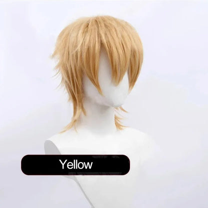 Short-length anime cosplay wig in high-temperature fibre on a stand.
