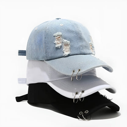 Men's adjustable cotton denim peaked cap in street style with dome crown design