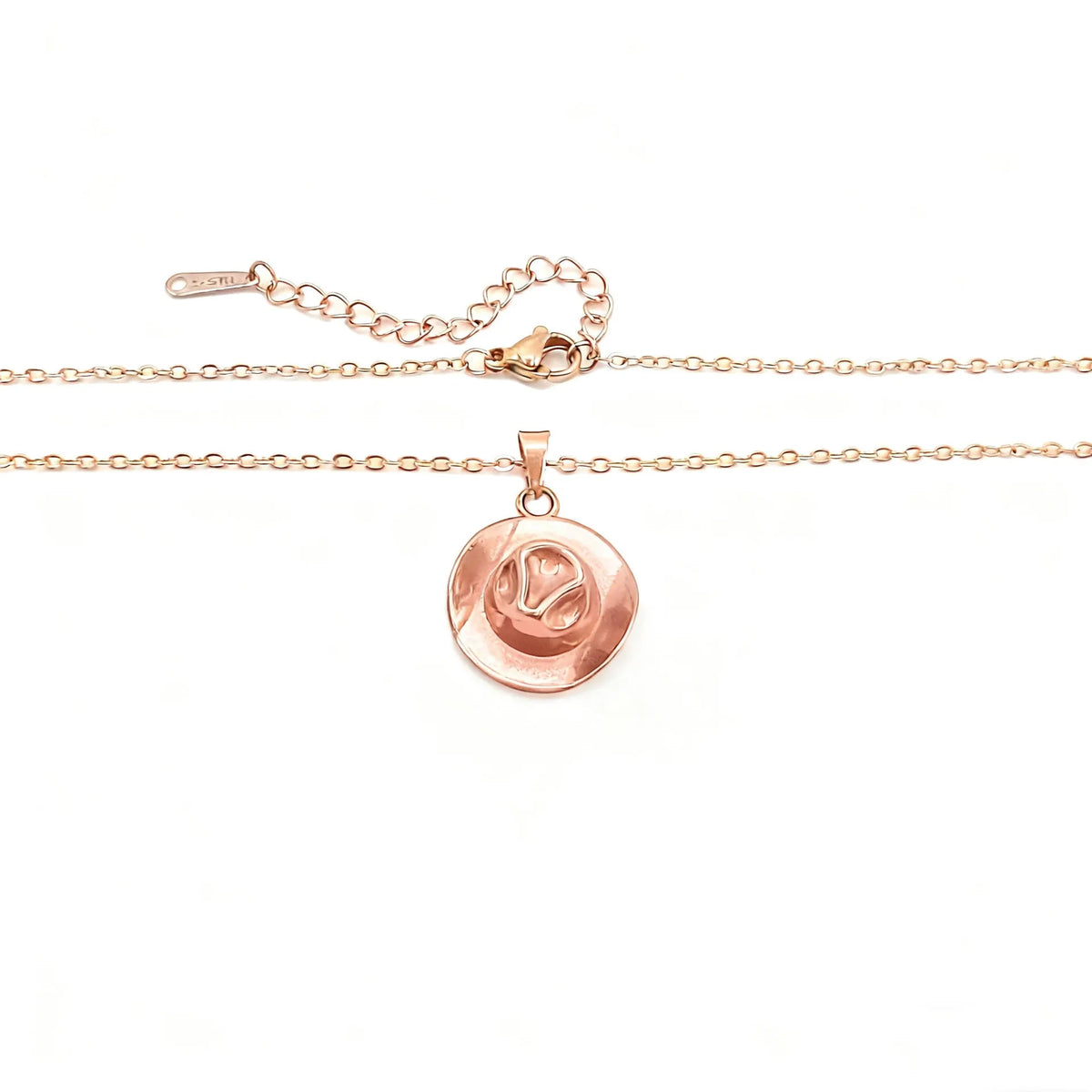 Cowboy hat punk pendant necklace on O-ring chain, 18K gold plated option, steel gold rose gold colours