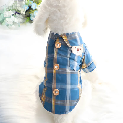Soft cotton pet shirt with two feet design in blue, red, or rice brown, sizes XS to XL
