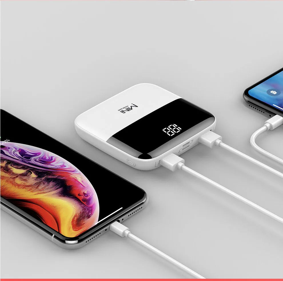 10000mAh portable power bank with digital display in black, pink, red, or white colours