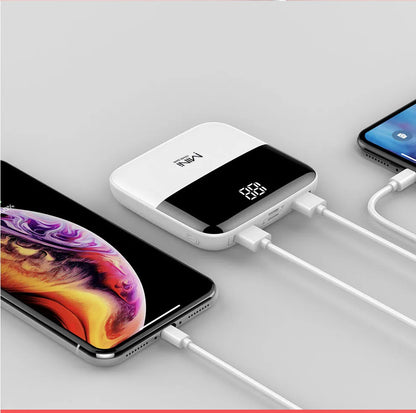 10000mAh portable power bank with digital display in black, pink, red, or white colours