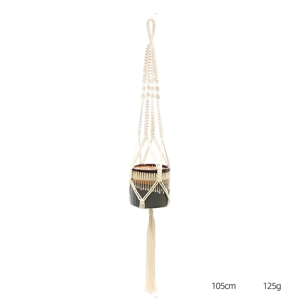 Hand-knitted cotton flowerpot net bag showing intricate pattern and hanging installation with plant