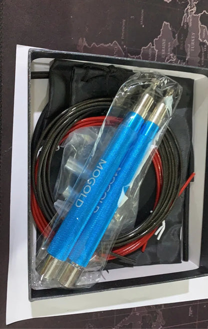 Sports skipping rope with aluminium alloy handles, PVC wire rope, 16mm handle, 2.5mm rope, 3m length, black blue or red.