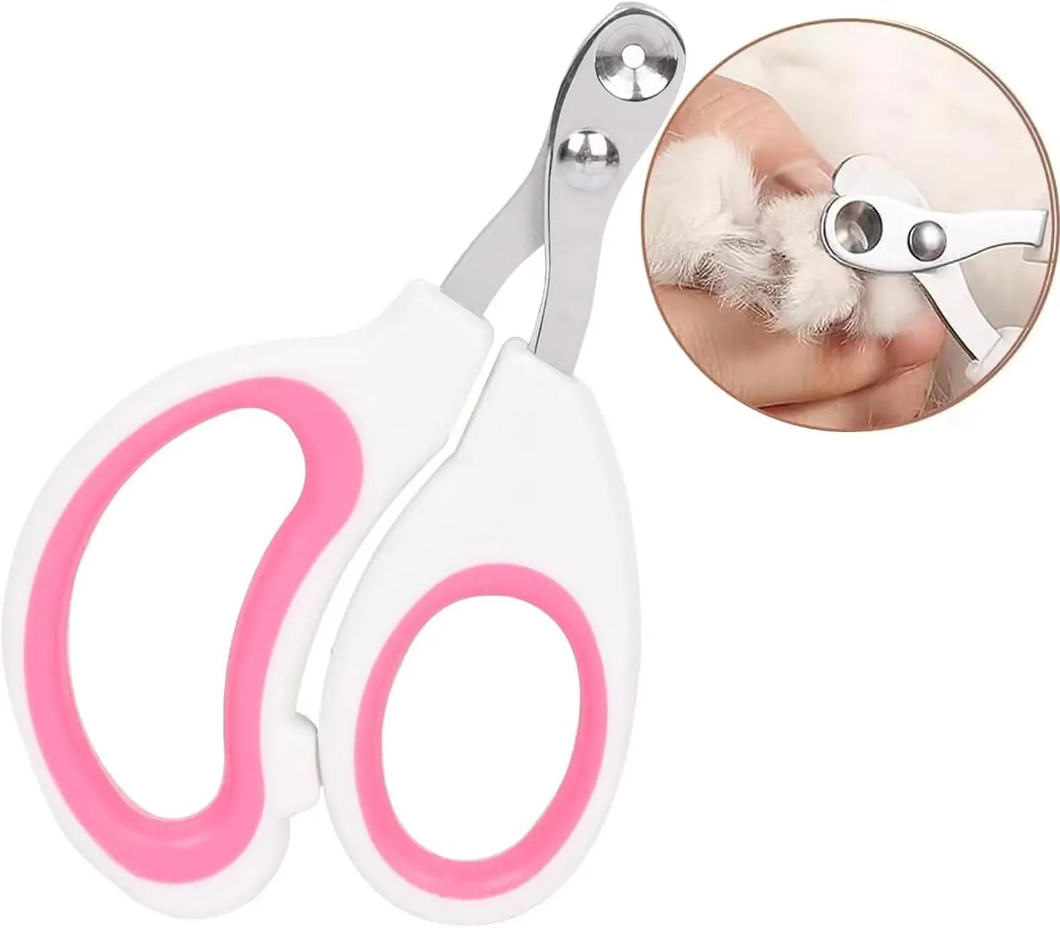 Blue cat nail clippers with a circular safety hole and cushioned non-slip grips on a white background.