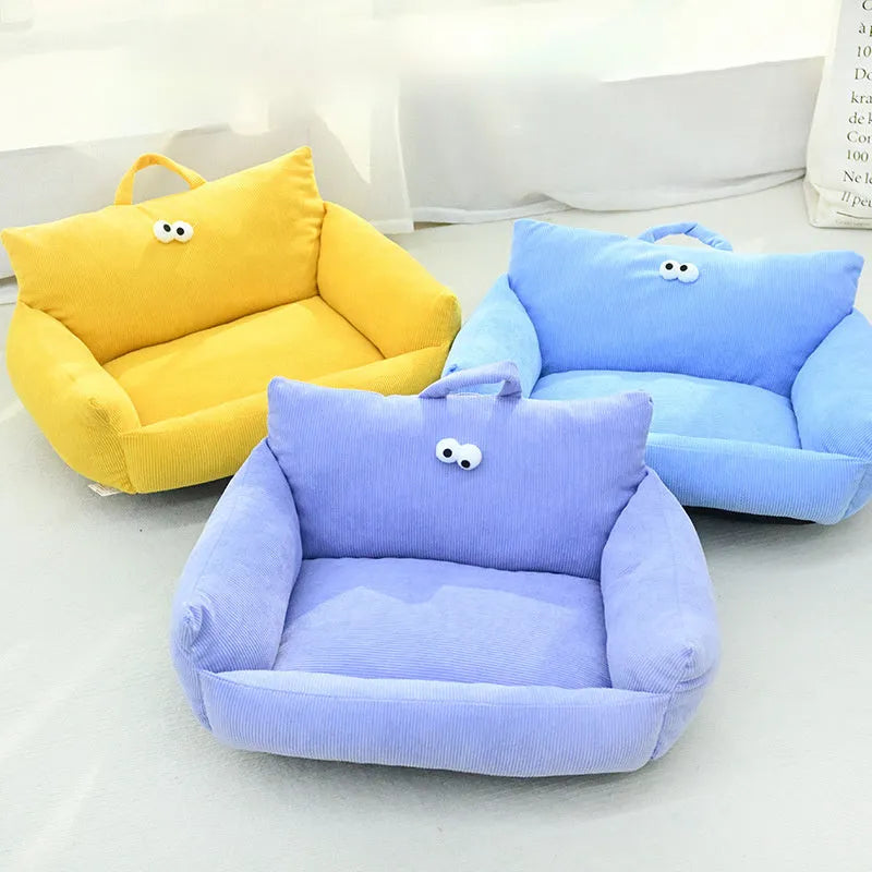 Cartoon big eye pet sofa kennel bed in blue colour with moon velvet fabric and PP cotton filling