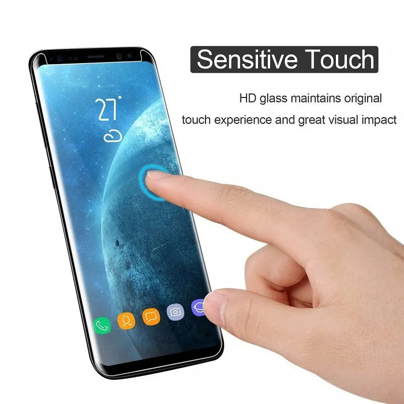 3D Allglue tempered glass screen protector for Samsung Galaxy phones on a black background.