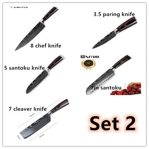 7-inch chef knife with laser Damascus pattern on blade and coloured steel handle on a cutting board.