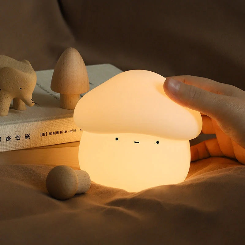 Adorable mushroom-shaped night light with warm yellow glow, perfect for children's bedrooms