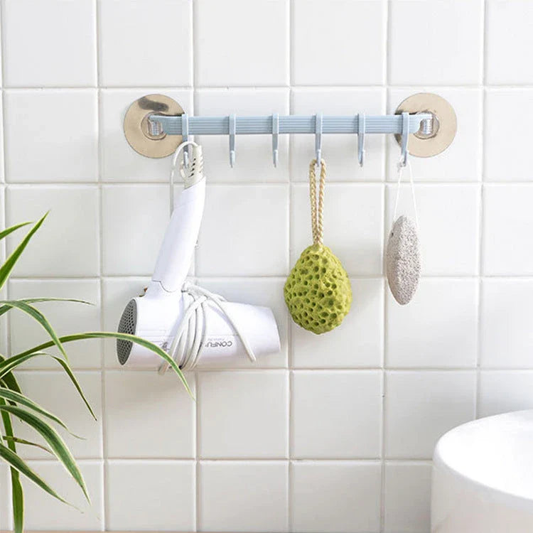 Sleek wall hook organizer with 6 movable hooks, made of durable PVC and ABS materials for easy, damage-free installation