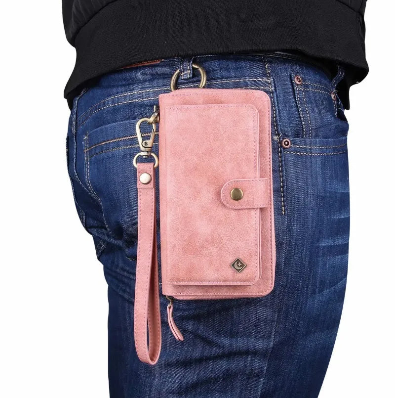 Black PU leather mobile phone wallet case with a zip closure, shown next to cards.