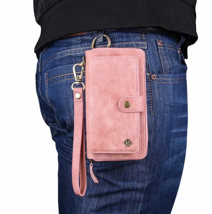Black PU leather mobile phone wallet case with a zip closure, shown next to cards.