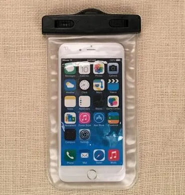 AQUA-ONE waterproof phone pouch showing clear PVC construction with phone visible inside