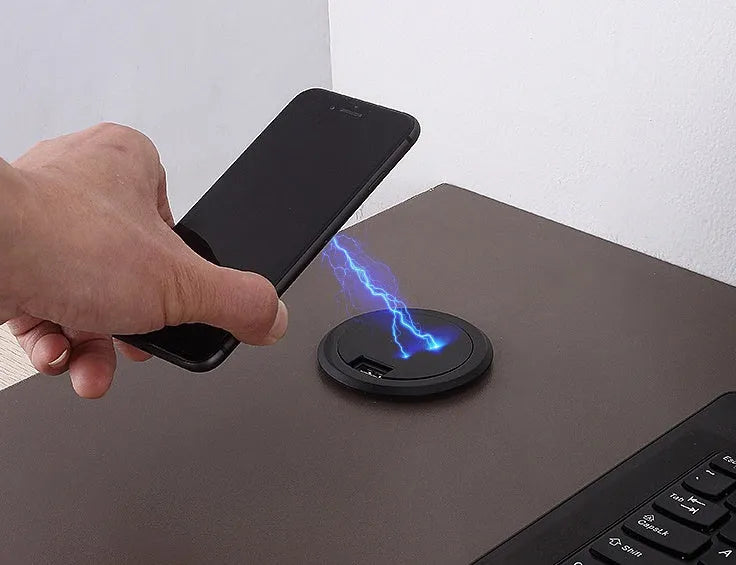 60mm round embedded wireless phone charger for furniture with USB port.