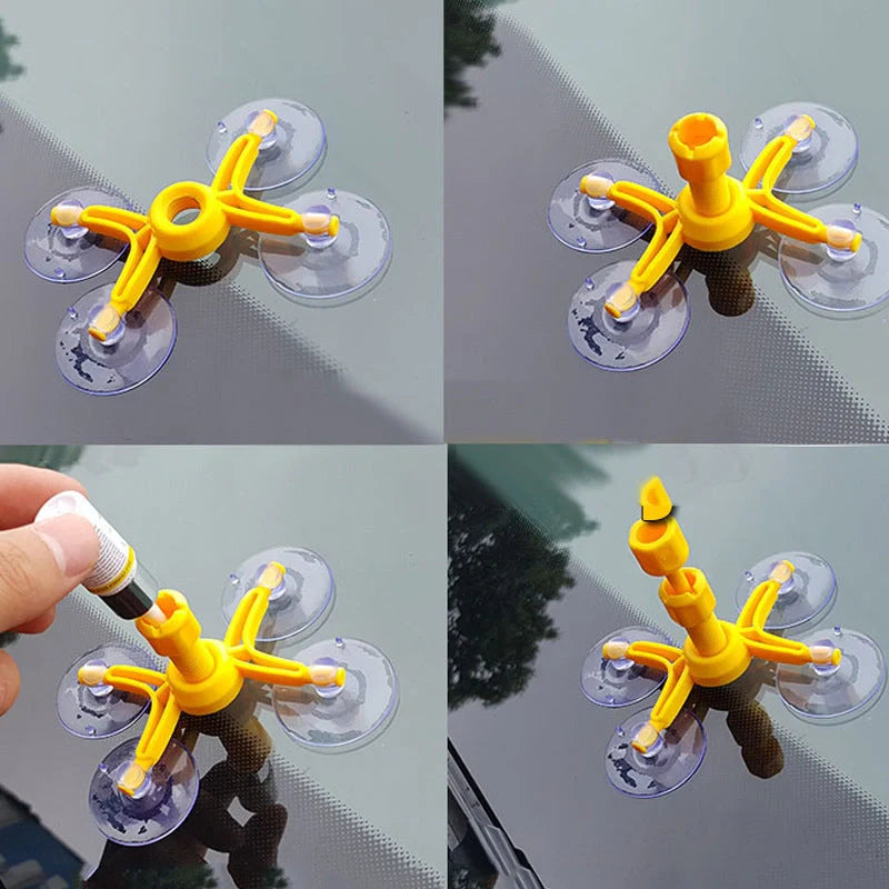 Vacuum function glass crack repairing tool set with connecting soft rod