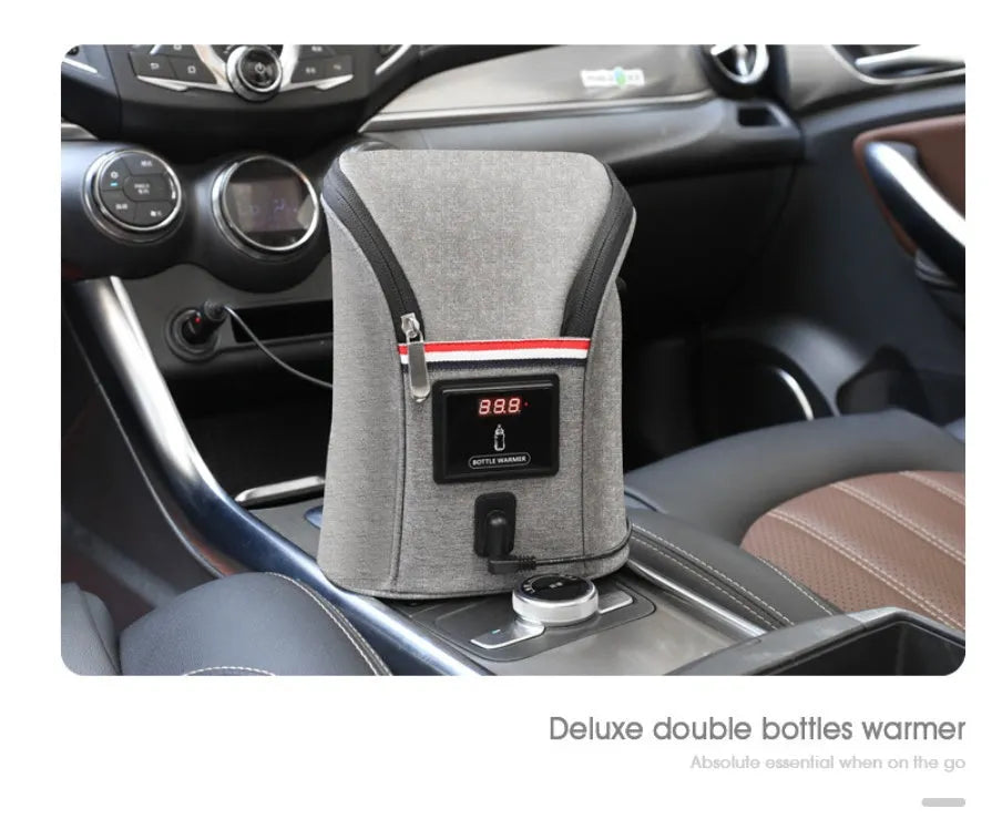 Grey Oxford cloth car USB baby bottle warmer with electronic display and hanging buckle