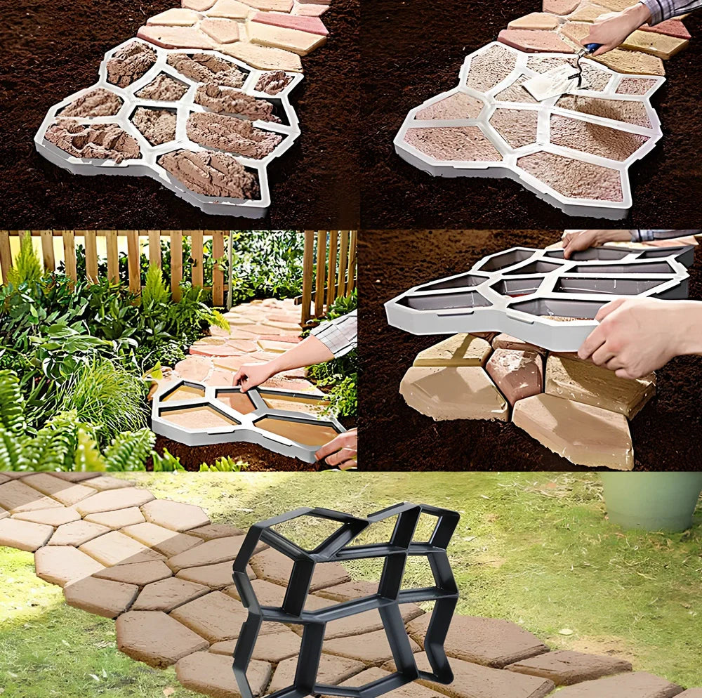 Black plastic concrete mould measuring 42 x 43cm for creating 36cm garden paving blocks