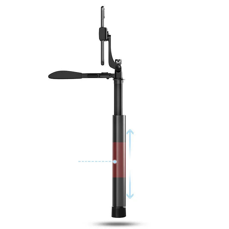 Black aluminium Bluetooth selfie stick with tripod feet and remote control extended to medium length.