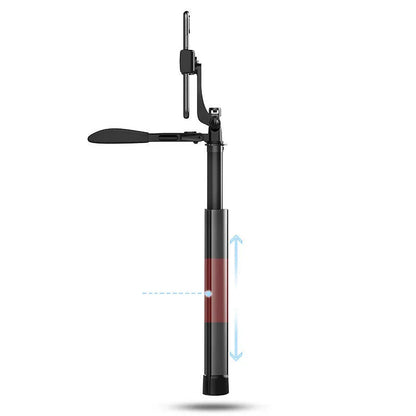 Black aluminium Bluetooth selfie stick with tripod feet and remote control extended to medium length.
