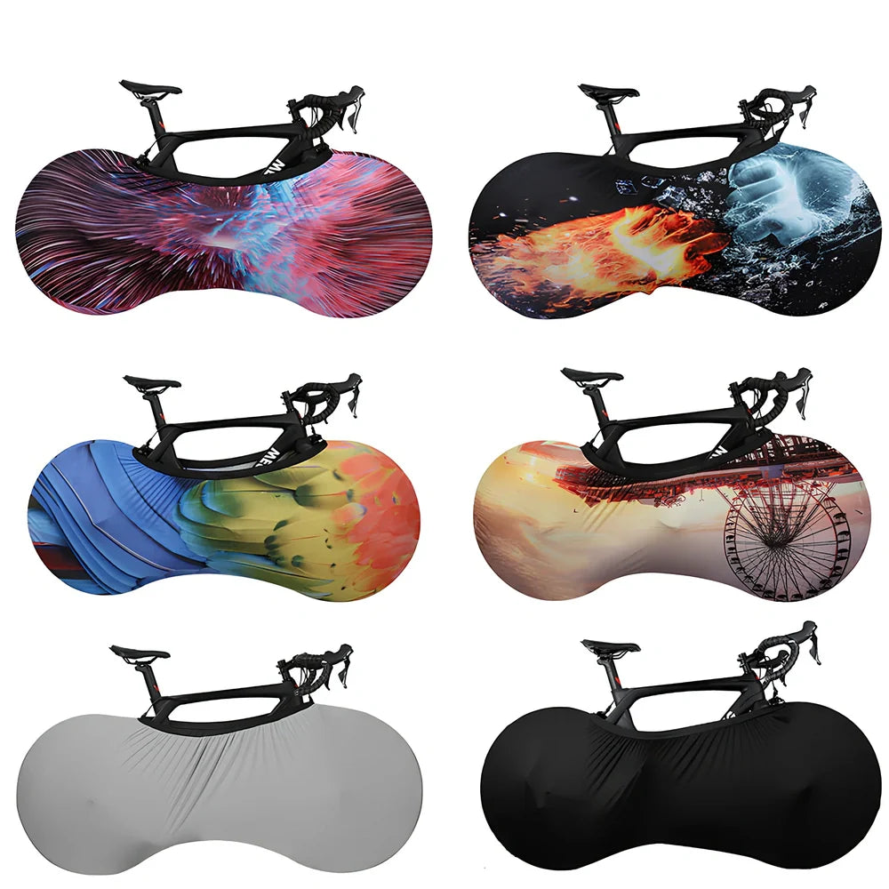 Black polyester-spandex bicycle wheel dust cover, 149cm length, adjustable 48-58cm height for 24-29 inch wheels