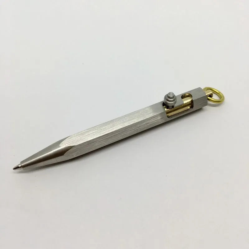 Six-sided stainless steel brass keychain push pen with metal shell and keychain attachment